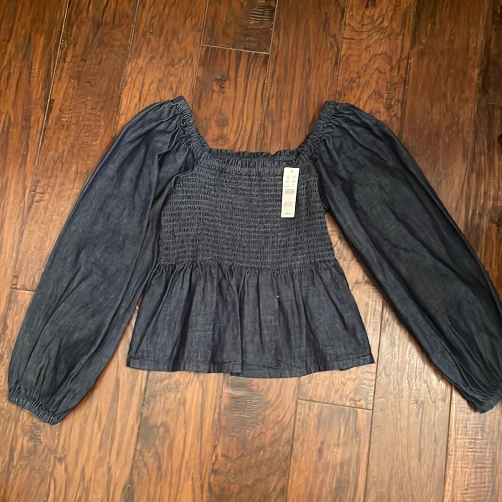 JCrew, new with tags, dark denim smocked peplum top
